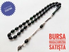 Yeşil Yansimalı 925 Ayar Gümüş Püsküllü Sıkma Kehribar Tesbih