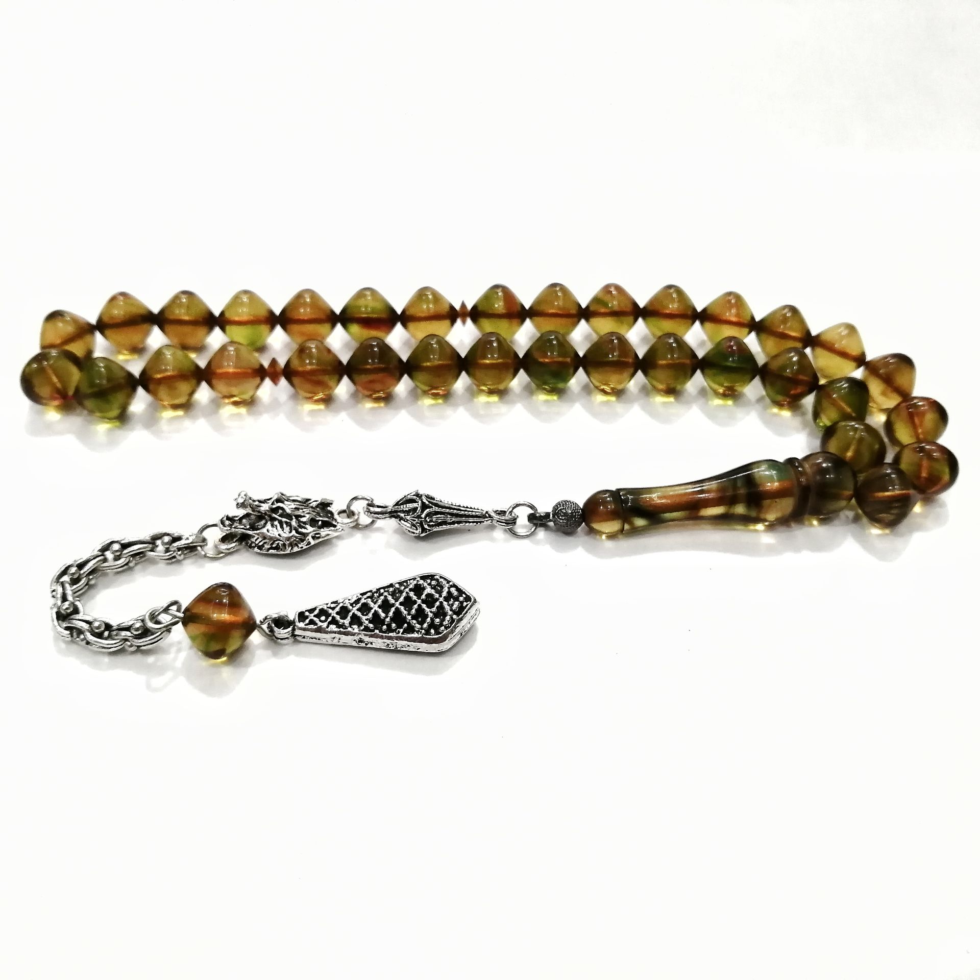 Gümüş Kaplama Alpaka Püsküllü İstanbul Kesim Sıkma Kehribar Tesbih