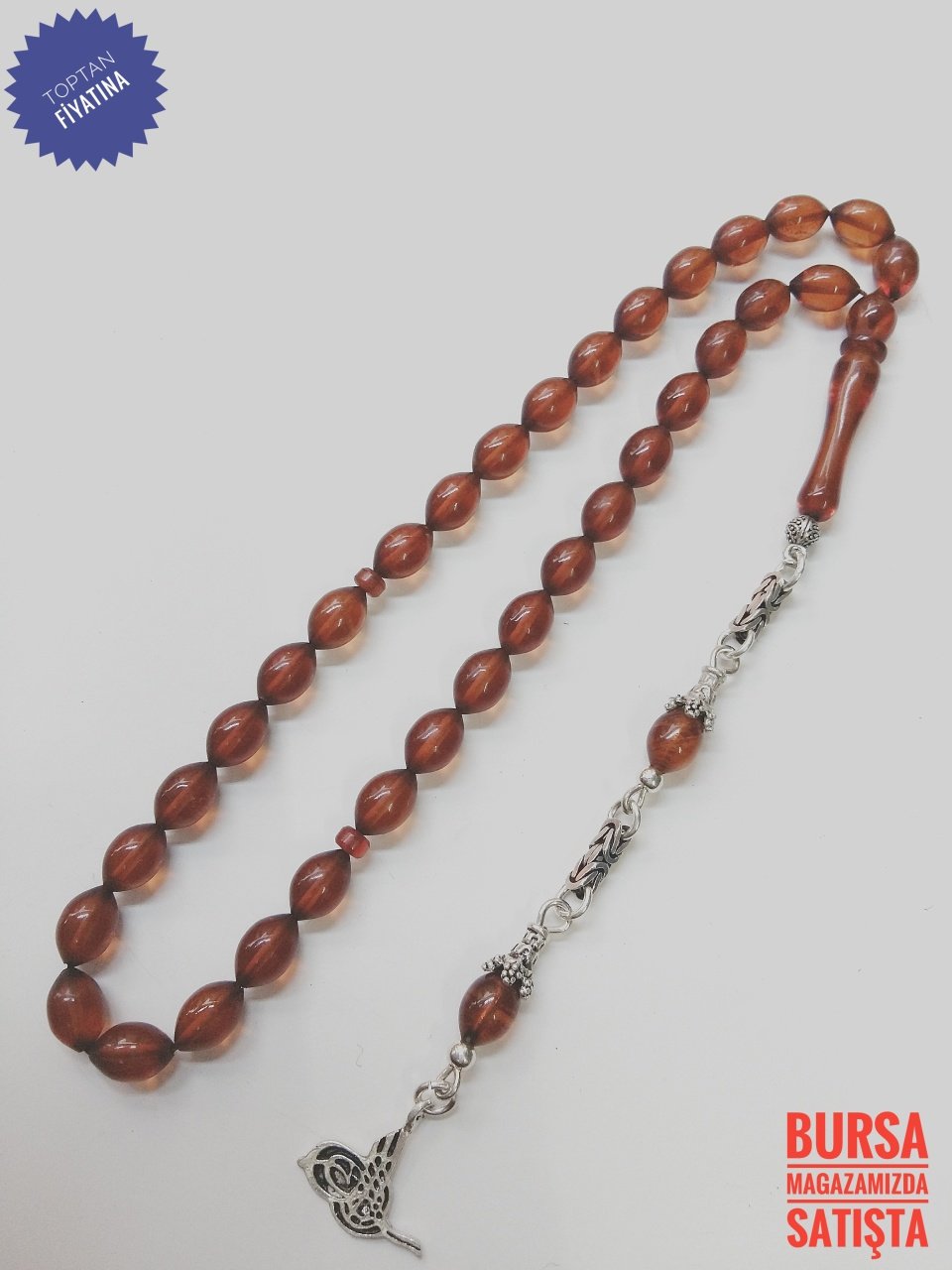 Çay Rengi 925 Ayar Gümüş Püsküllü Sıkma Kehribar Tesbih