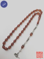 Çay Rengi 925 Ayar Gümüş Püsküllü Sıkma Kehribar Tesbih