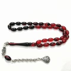 Gümüş Kaplama Alpaka Püsküllü Beyzi Kırmızı Siyah Sıkma Kehribar Tesbih