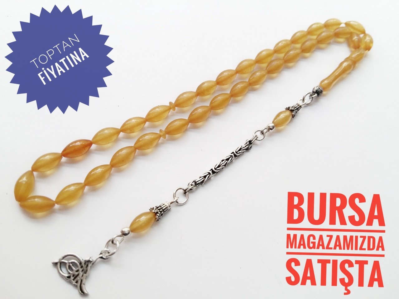 925 Ayar Gümüş Püsküllü Beyzi Kesim Sıkma Kehribar Tesbih