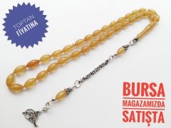 925 Ayar Gümüş Püsküllü Beyzi Kesim Sıkma Kehribar Tesbih