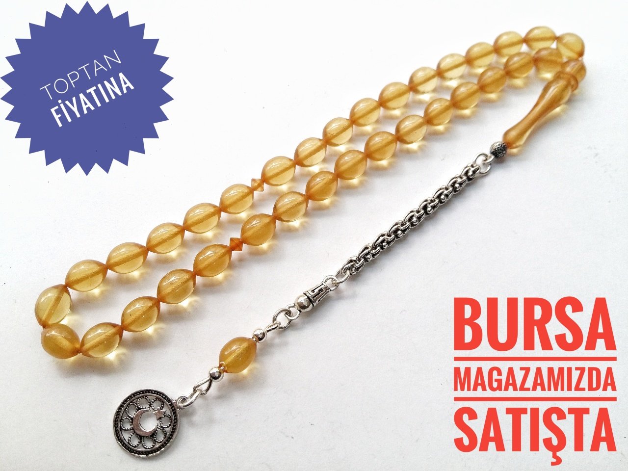 Sarı Renkli 925 Ayar Gümüş Püsküllü Sıkma Kehribar Tesbih