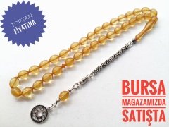 Sarı Renkli 925 Ayar Gümüş Püsküllü Sıkma Kehribar Tesbih