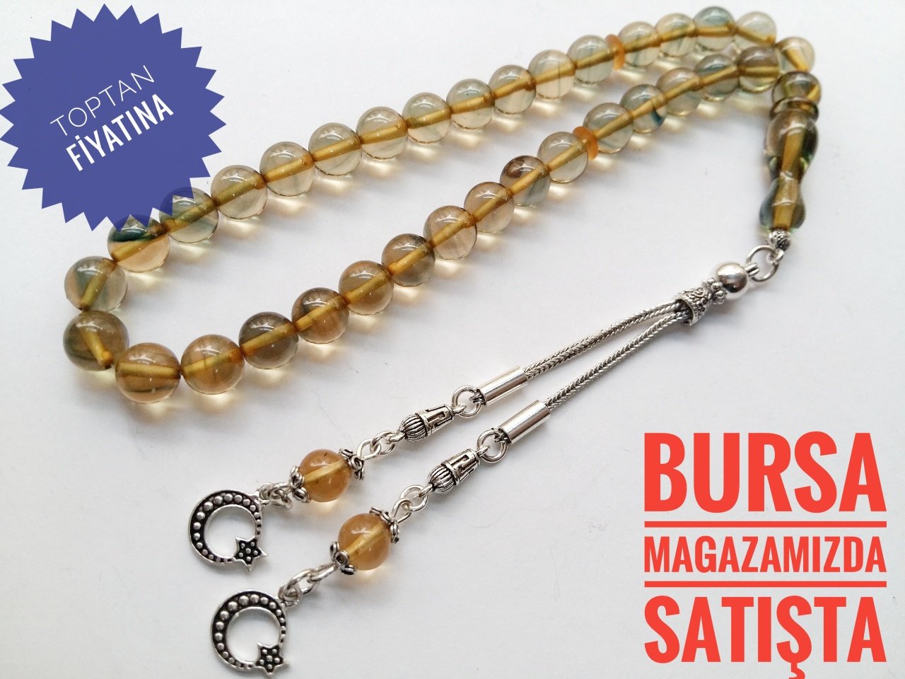 Şeffaf 925 Ayar Gümüş Püsküllü Ateş Kehribar Tesbih