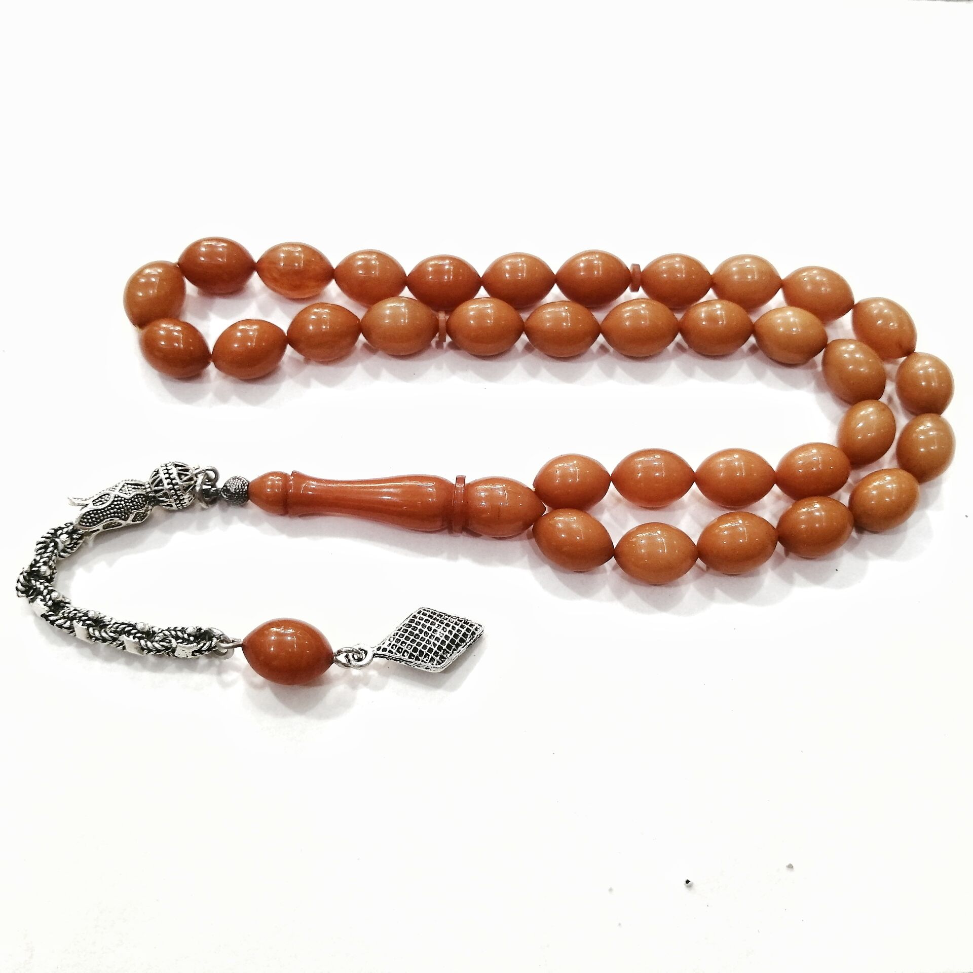 Gümüş Kaplama Alpaka Püsküllü Tombul Beyzi Kesim Sıkma Kehribar Tesbih