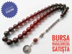 Yeşil Yansimalı Mor Renkli 925 Ayar Gümüş Püsküllü Ateş Kehribar Tesbih