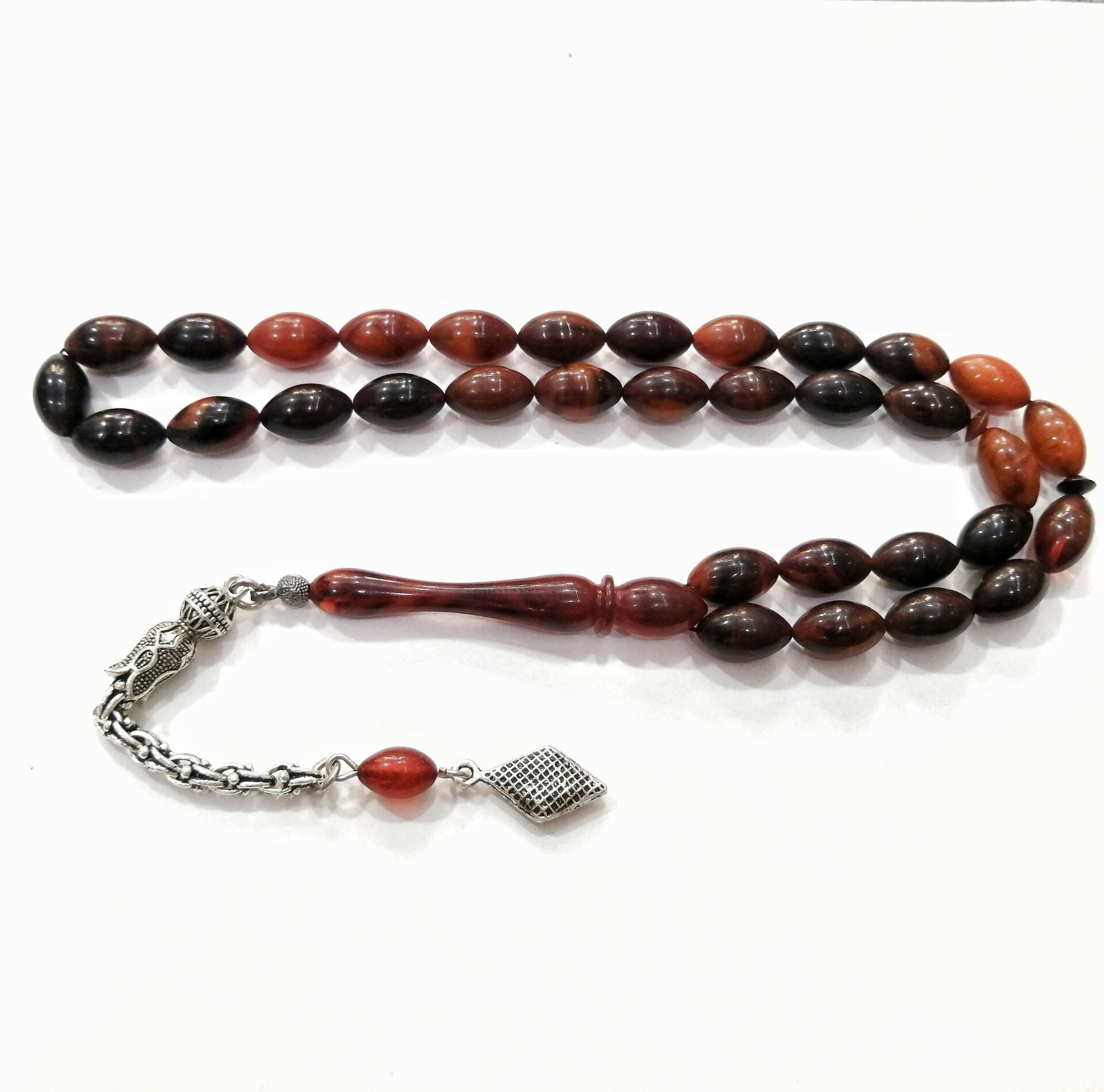 Gümüş Kaplama Alpaka Püsküllü Beyzi Kesim Sıkma Kehribar Tesbih