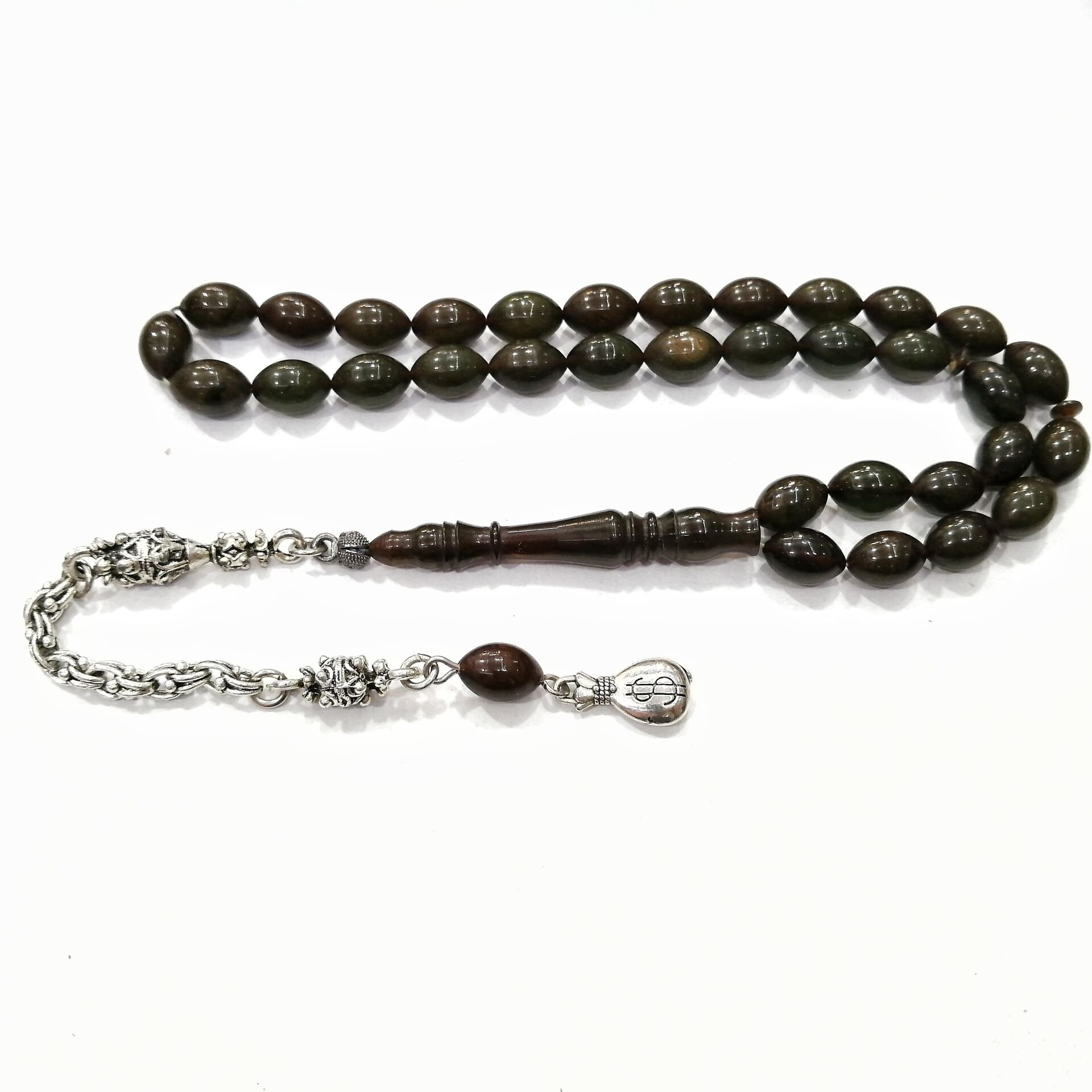 Gümüş Kaplama Alpaka Püsküllü Beyzi Kesim Sıkma Kehribar Tesbih