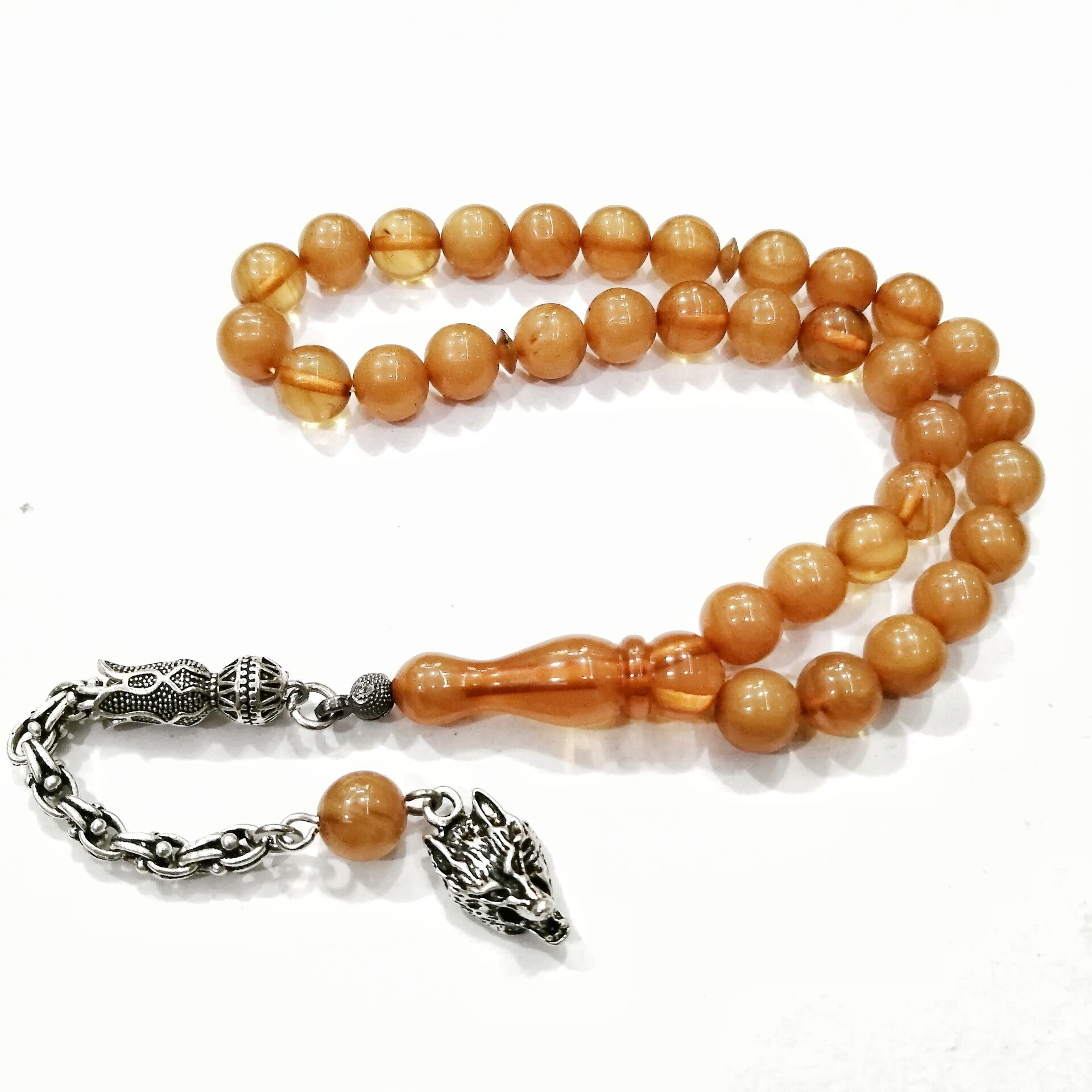 Gümüş Kaplama Alpaka Püsküllü Küre Kesim Sıkma Kehribar Tesbih