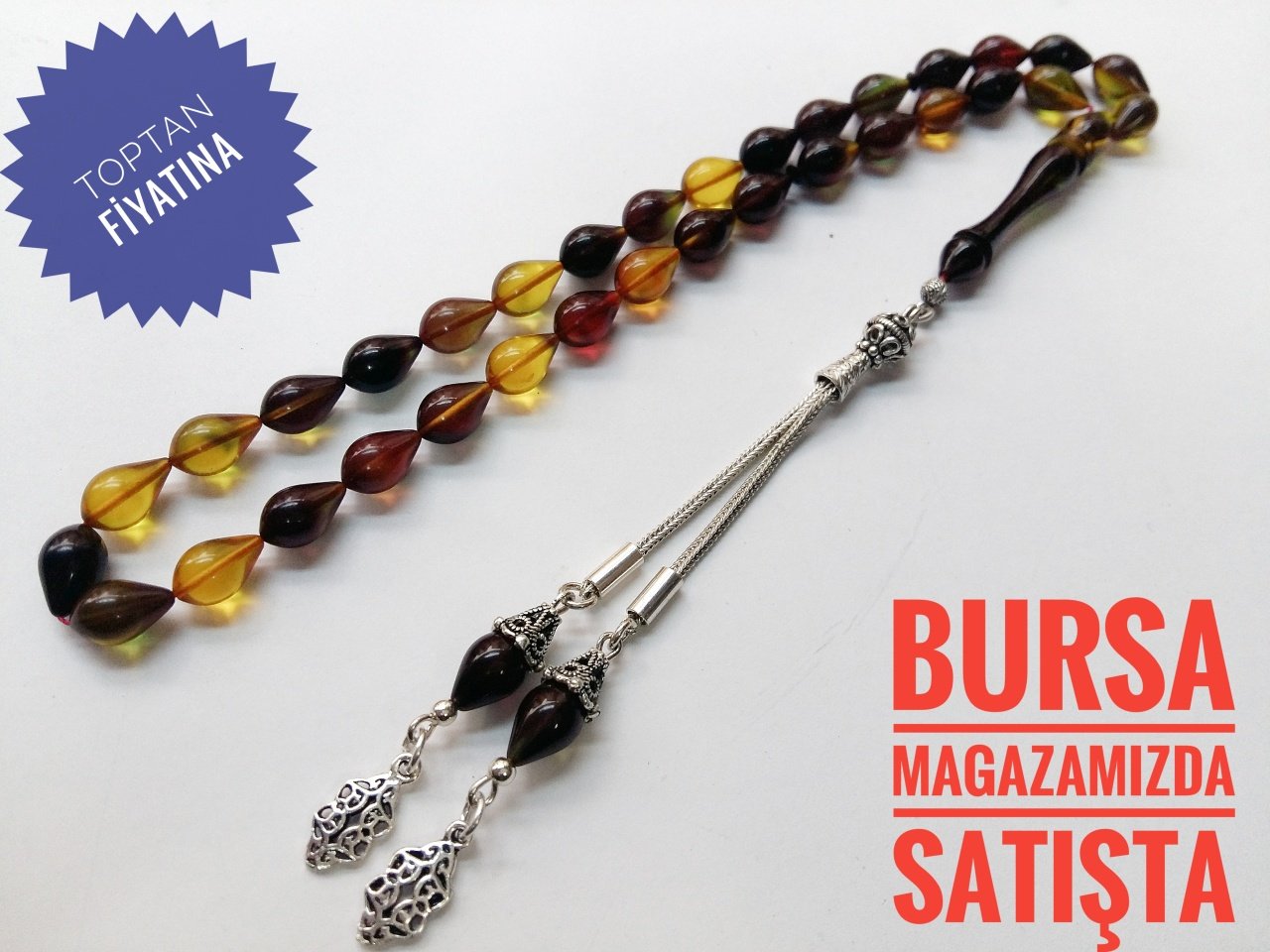 925 Ayar Gümüş Püsküllü Damla Model Kesim Birinci Sınıf Isçilikli Ateş Kehribar Tesbih