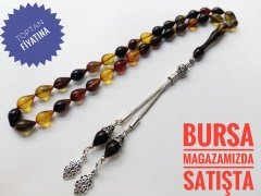 925 Ayar Gümüş Püsküllü Damla Model Kesim Birinci Sınıf Isçilikli Ateş Kehribar Tesbih