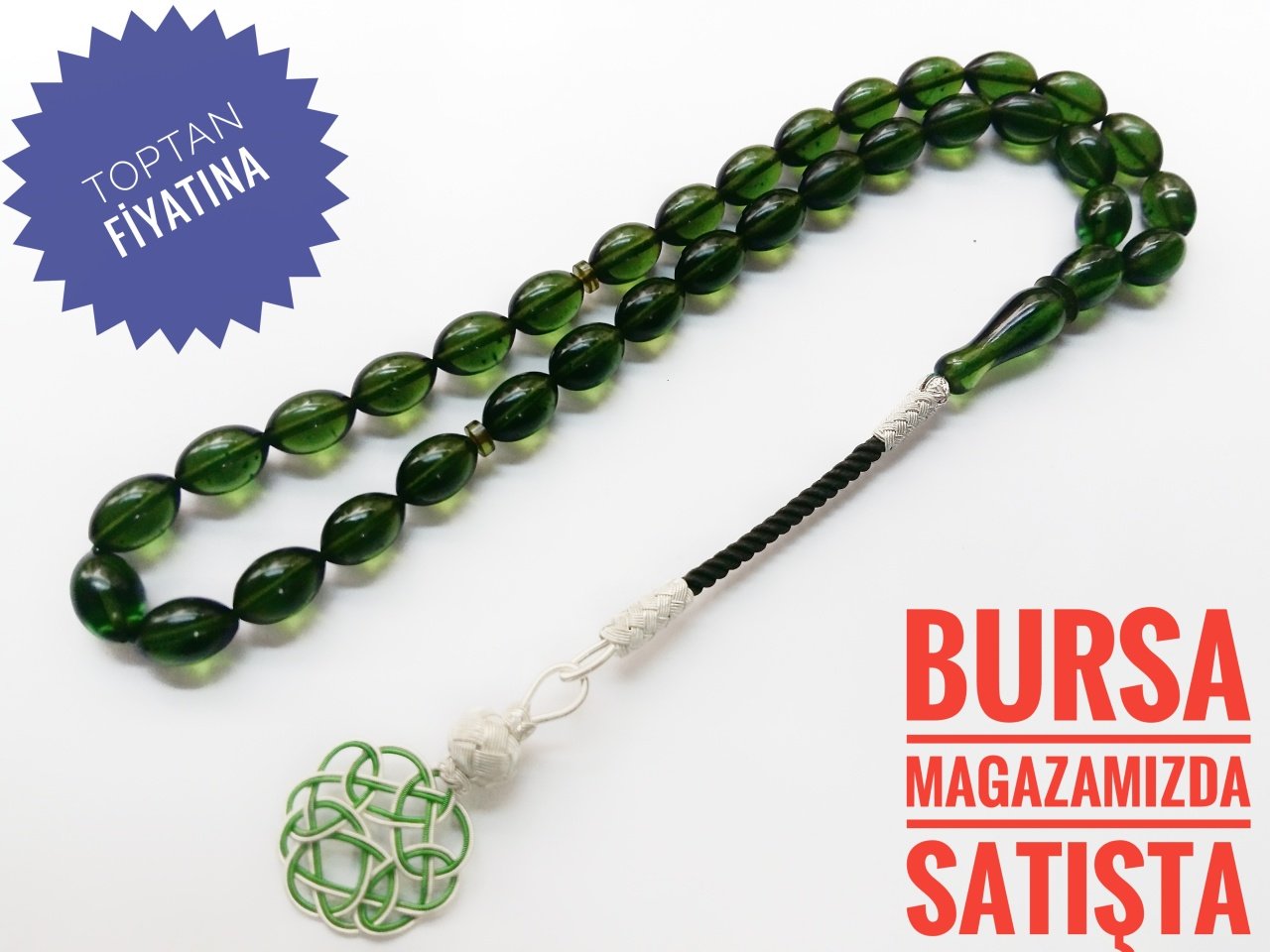 Türbe Yeşili Kazaz Püsküllü Birinci Sınıf Isçilikli Sıkma Kehribar Tesbih