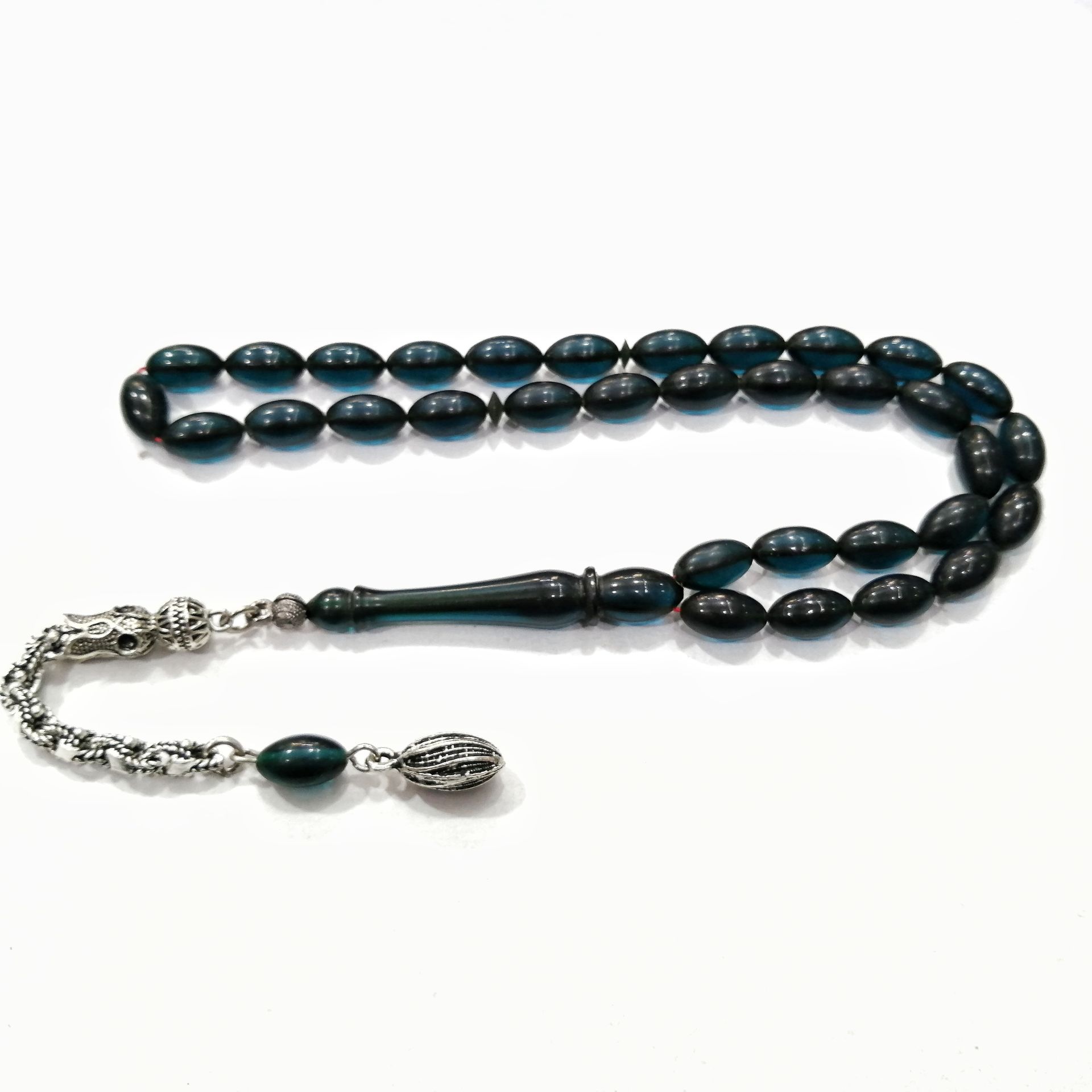 Gümüş Kaplama Alpaka Püsküllü Beyzi Kesim Ateş Kehribar Tesbih