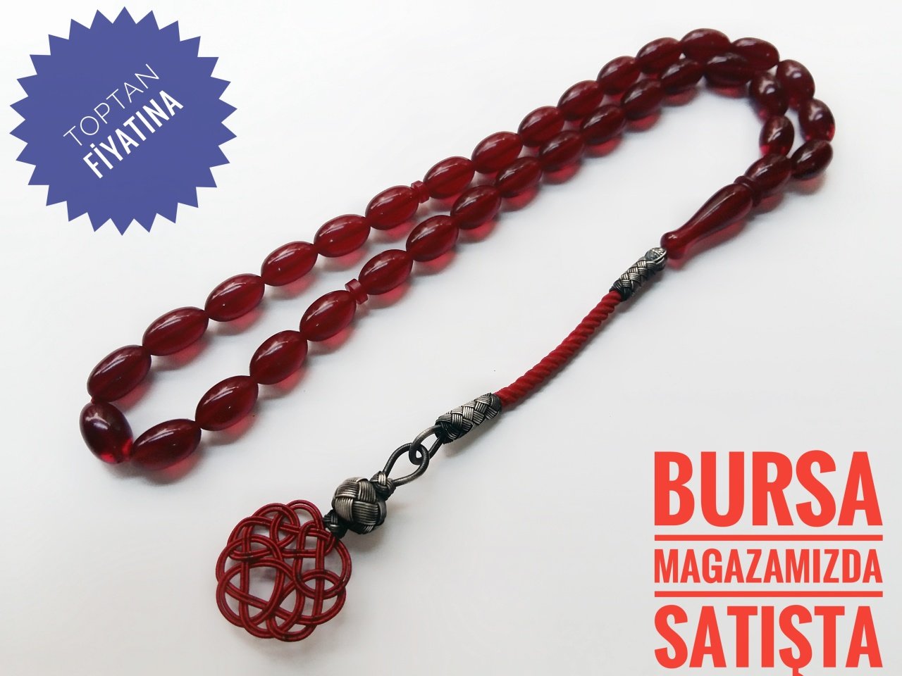 Kazaz Püsküllü Bordo Renkli Sıkma Kehribar Tesbih