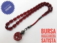 Kazaz Püsküllü Bordo Renkli Sıkma Kehribar Tesbih