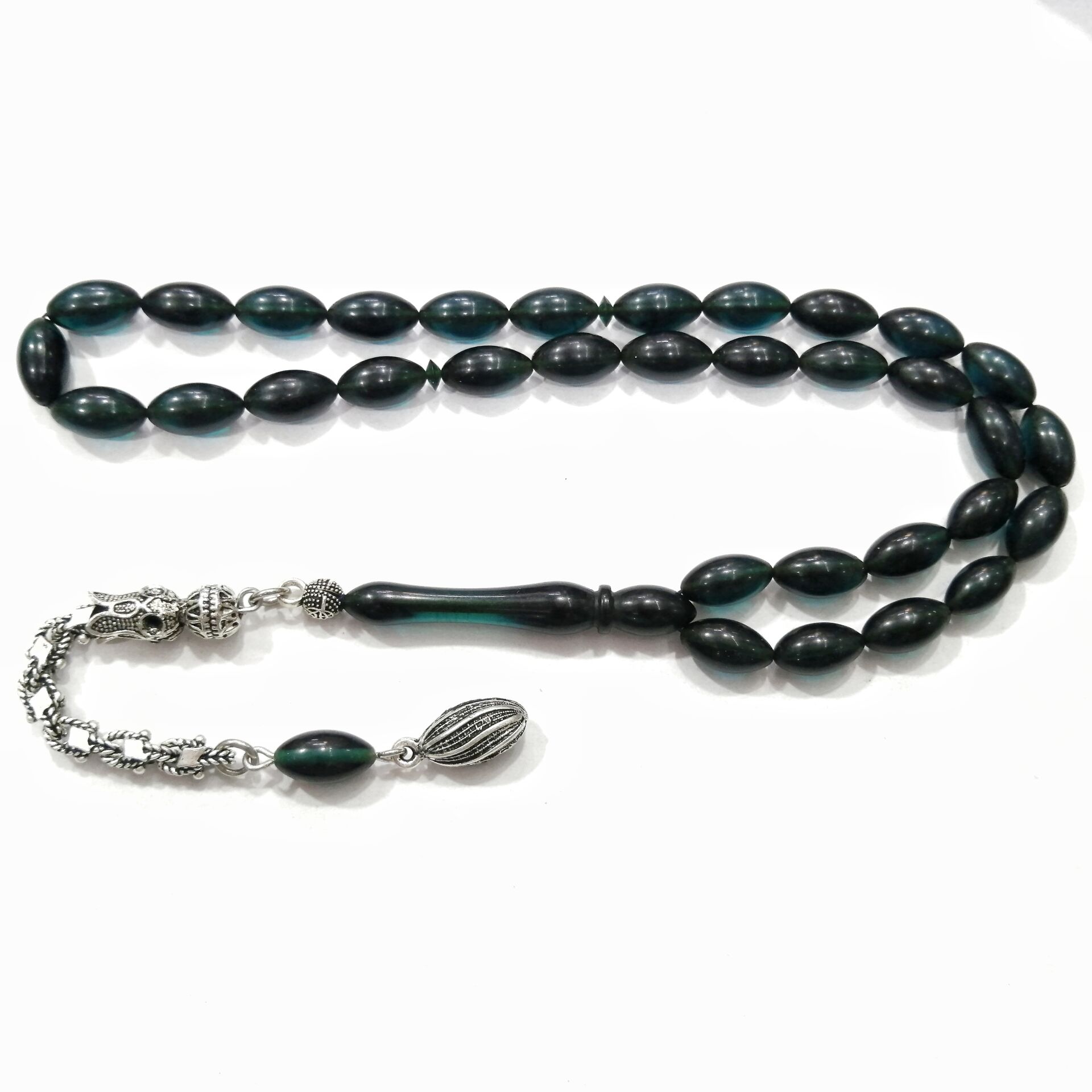 Gümüş Kaplama Alpaka Püsküllü Beyzi Ateş Kehribar Tesbih