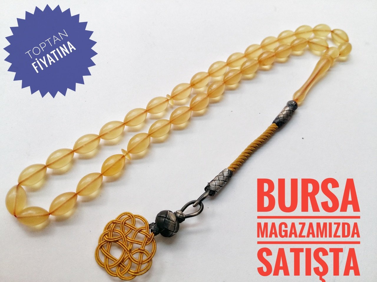 Sarı Sıkma Kehribar Kazaz Püsküllü Tesbih