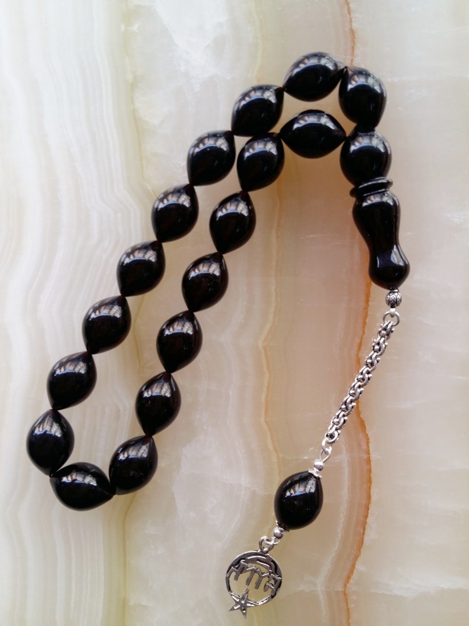 925 Ayar Gümüş Püsküllü Efe Modeli Büyük Boy Beyzi Kesim Özel İşçilikli Atölye Yapımı Ateş Kehribar Tesbih