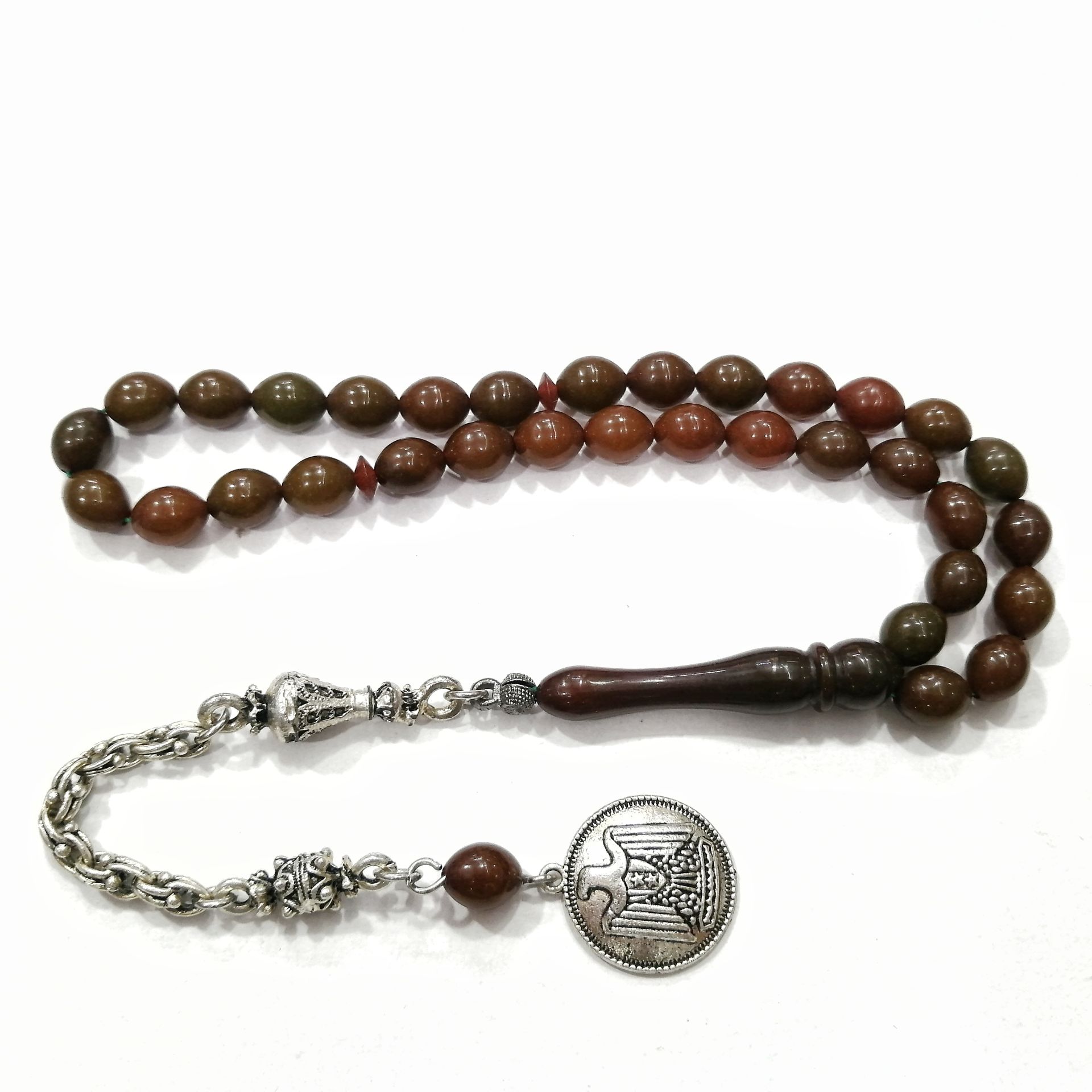 Gümüş Kaplama Alpaka Püsküllü Beyzi Kesim Sıkma Kehribar Tesbih