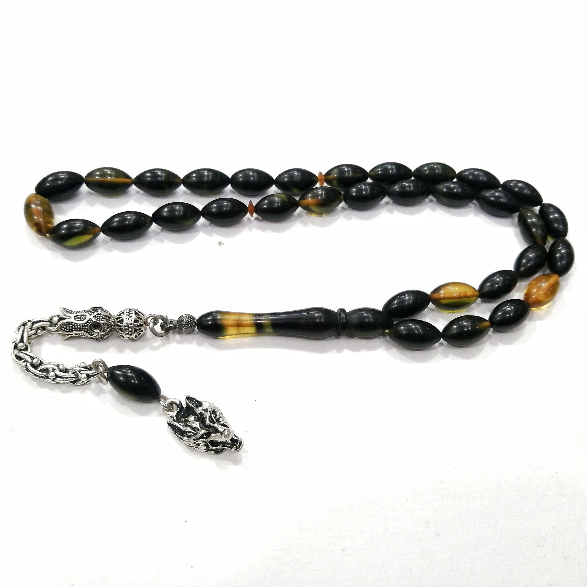 Gümüş Kaplama Alpaka Püsküllü Beyzi Kesim Sıkma Kehribar Tesbih