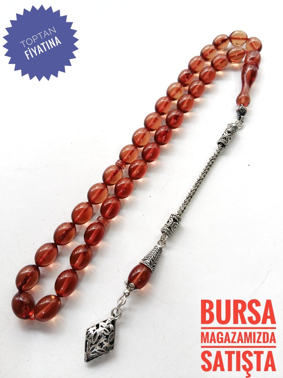 925 Ayar Gümüş Püsküllü Çay Renginde Sıkma Kehribar Tesbih