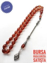 925 Ayar Gümüş Püsküllü Çay Renginde Sıkma Kehribar Tesbih