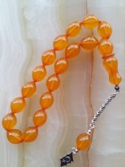 925 Ayar Gümüş Püsküllü Büyük Boy Beyzi Kesim Özel İşçilikli Atölye Yapımı Ateş Kehribar Tesbih