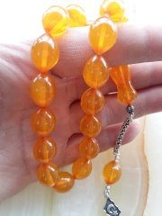 925 Ayar Gümüş Püsküllü Büyük Boy Beyzi Kesim Özel İşçilikli Atölye Yapımı Ateş Kehribar Tesbih