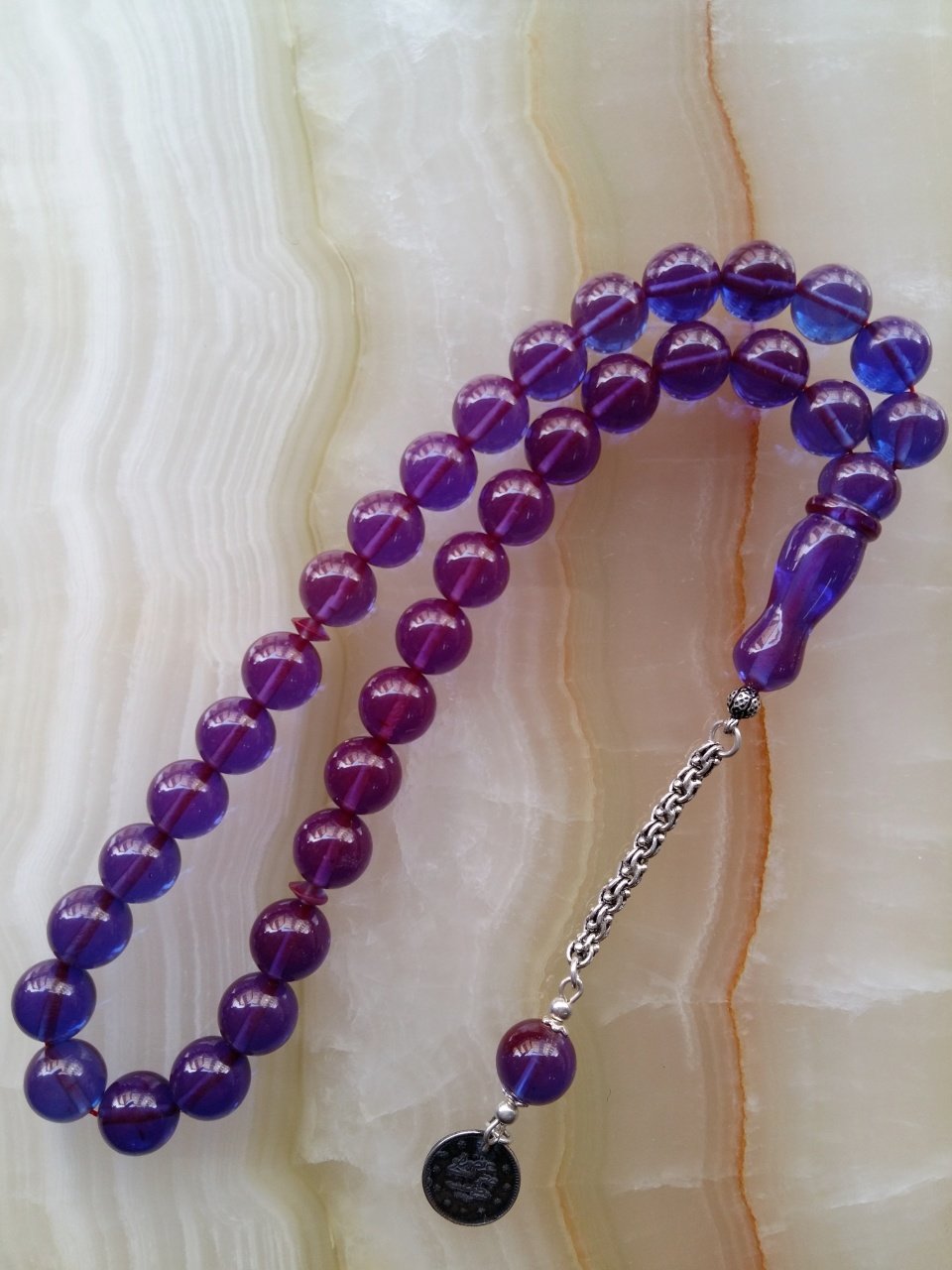 925 Ayar Gümüş Püsküllü Özel İşçilikli Atölye Yapımı Küre Kesim Ateş Kehribar Tesbih