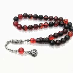 Gümüş Kaplama Alpaka Püsküllü Küre Kesim Sıkma Kehribar Tesbih