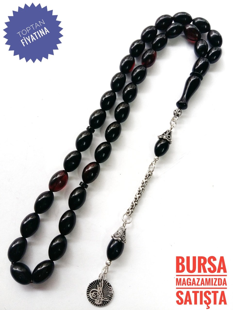 925 Ayar Gümüş Püsküllü Kırmızı Yansımalı Siyah Renkli Sıkma Kehribar Tesbih
