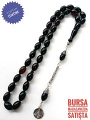 925 Ayar Gümüş Püsküllü Kırmızı Yansımalı Siyah Renkli Sıkma Kehribar Tesbih