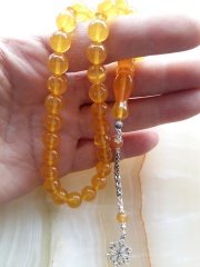 925 Ayar Gümüş Püsküllü Özel İşçilikli Atölye Yapımı Küre Kesim Ateş Kehribar Tesbih