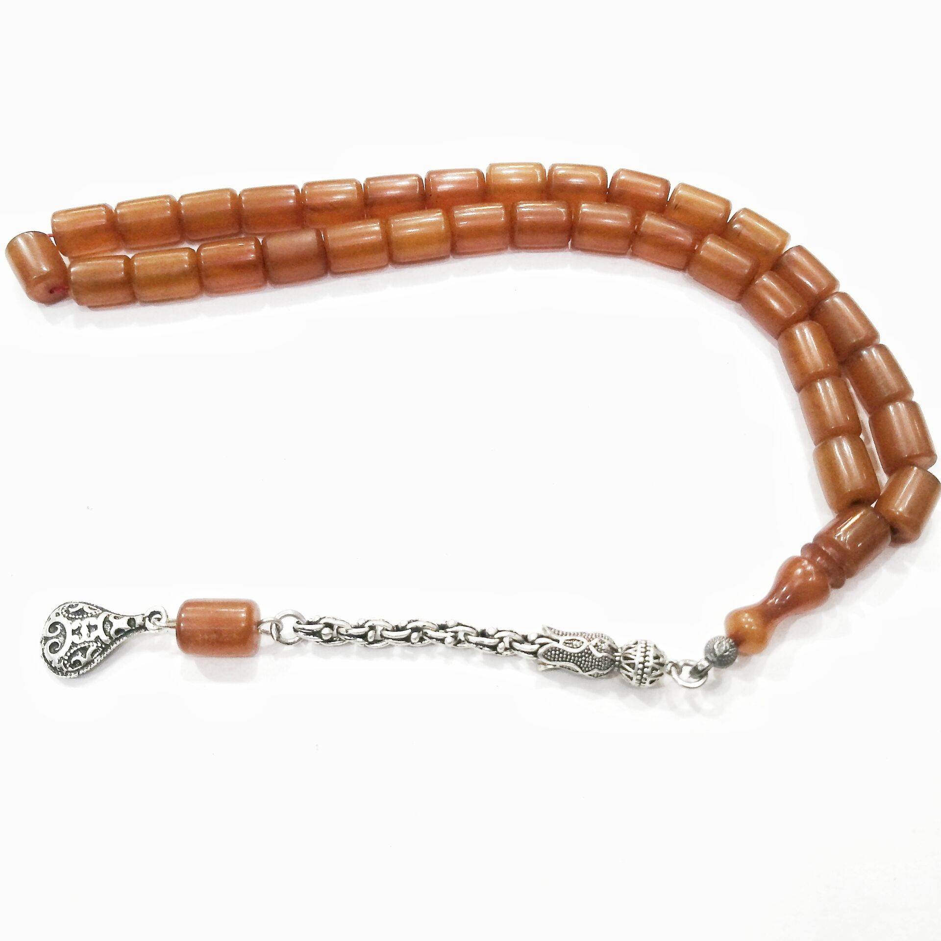 Gümüş Kaplama Alpaka Püsküllü Kapsül Kesim Sıkma Kehribar Tesbih