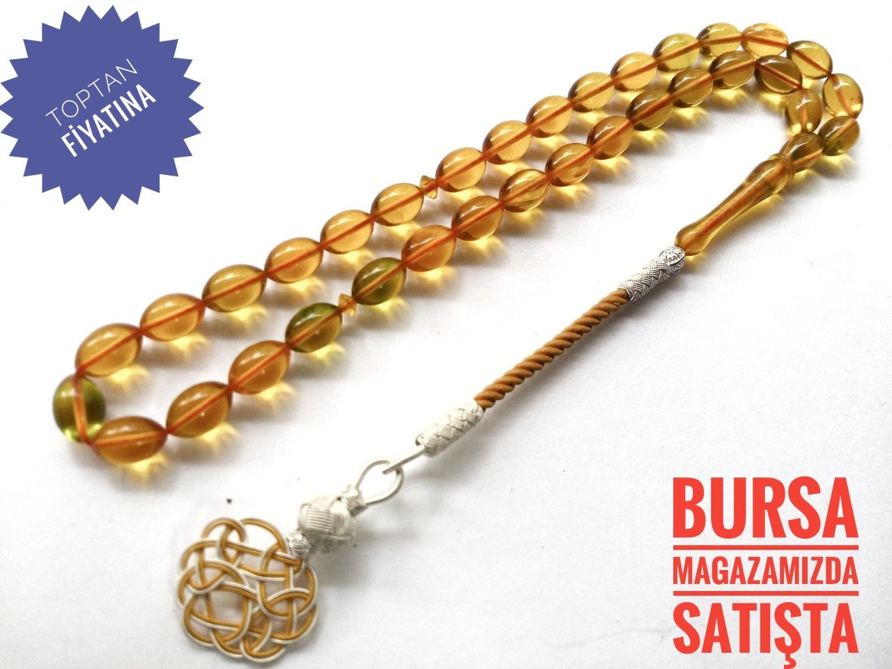 Kazaz Püsküllü Sarı Sıkma Kehribar Tesbih