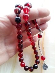 925 Ayar Gümüş Püsküllü Özel İşçilikli Atölye Yapımı Küre Kesim Hareli Sıkma Kehribar Tesbih