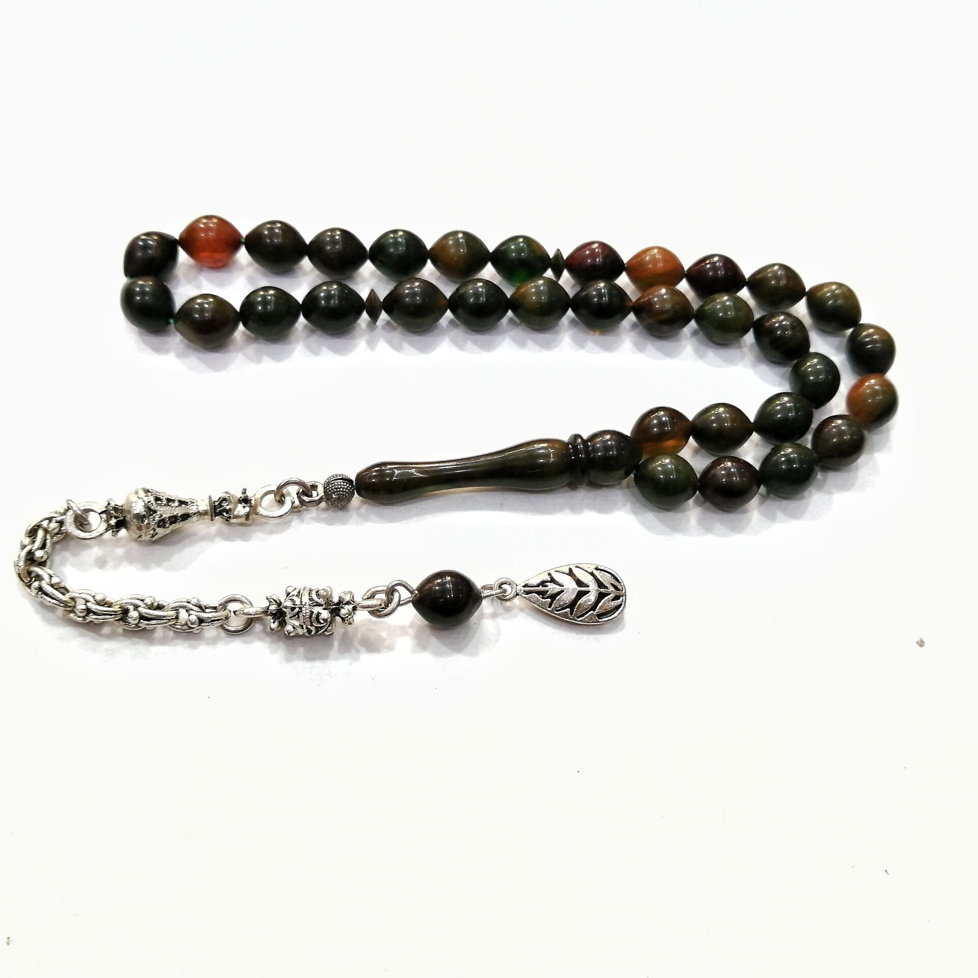 Gümüş Kaplama Alpaka Püsküllü Tombul Beyzi Kesim Sıkma Kehribar Tesbih