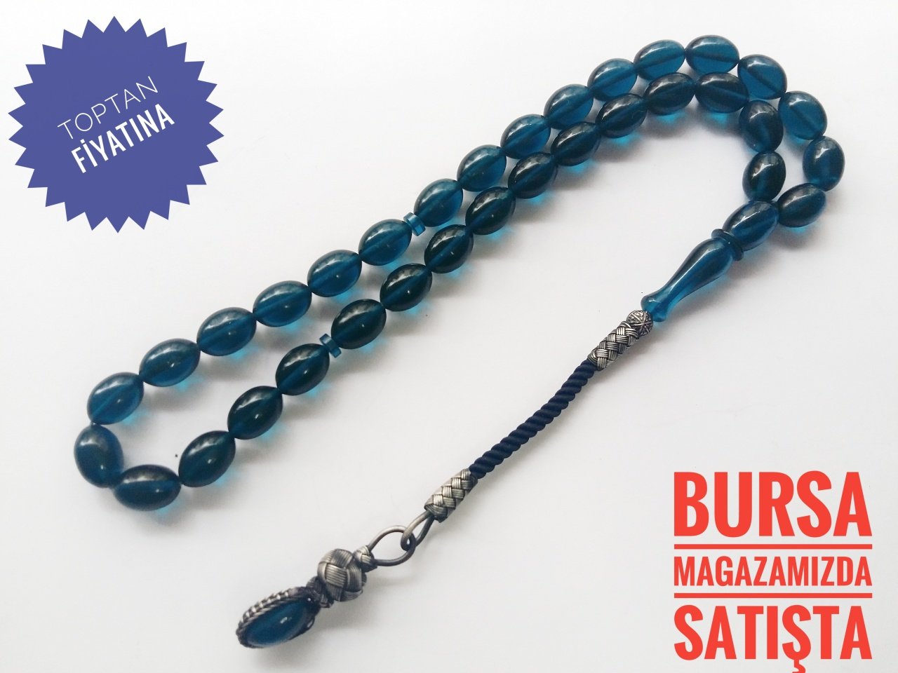 Kazaz Püsküllü Parlament Mavisi Sıkma Kehribar Tesbih