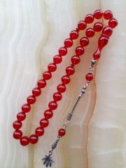 925 Ayar Gümüş Püsküllü Özel İşçilikli Atölye Yapımı Sıgırcık Kesim Ateş Kehribar Tesbih