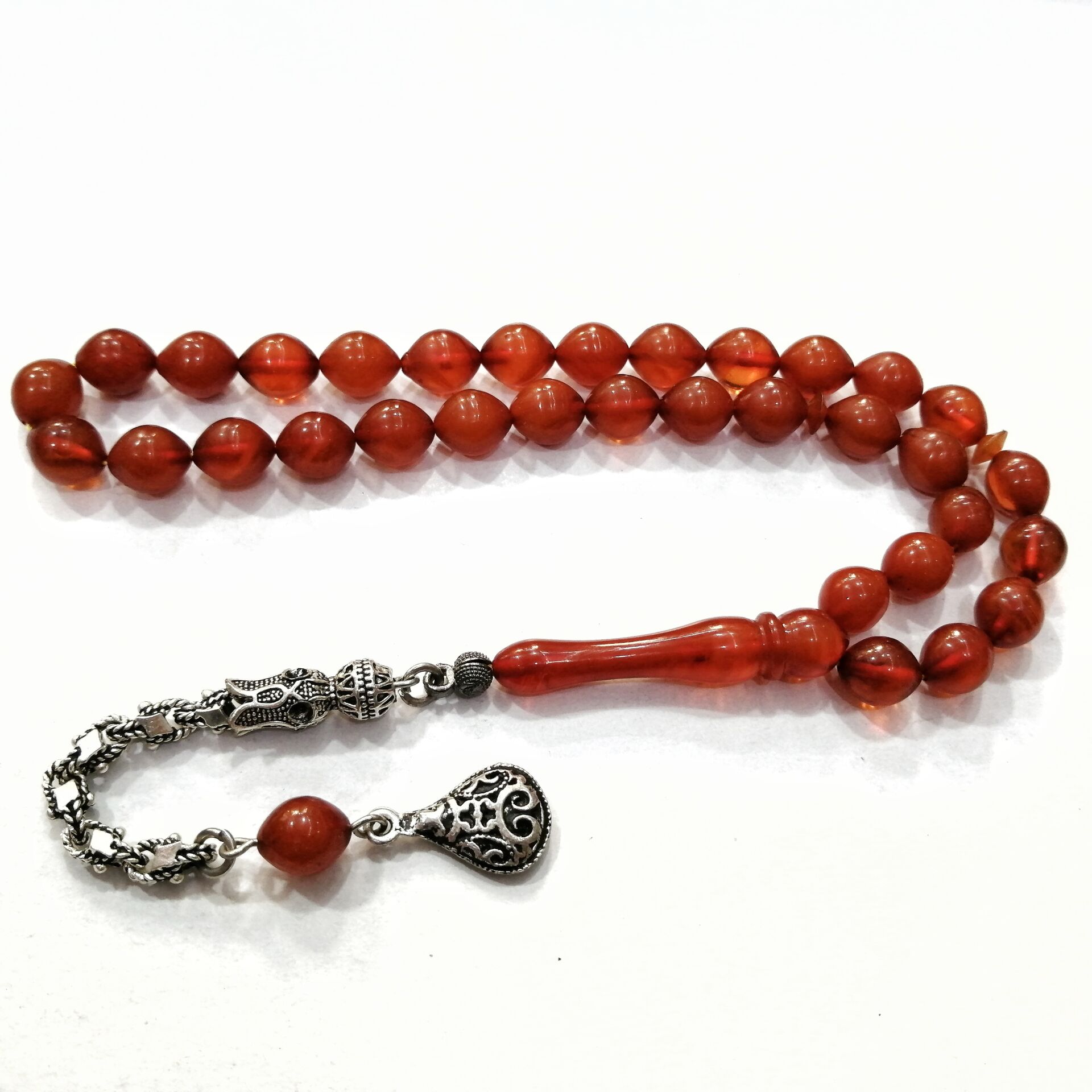 Gümüş Kaplama Alpaka Püsküllü Tombul Beyzi Kesim Sıkma Kehribar Tesbih