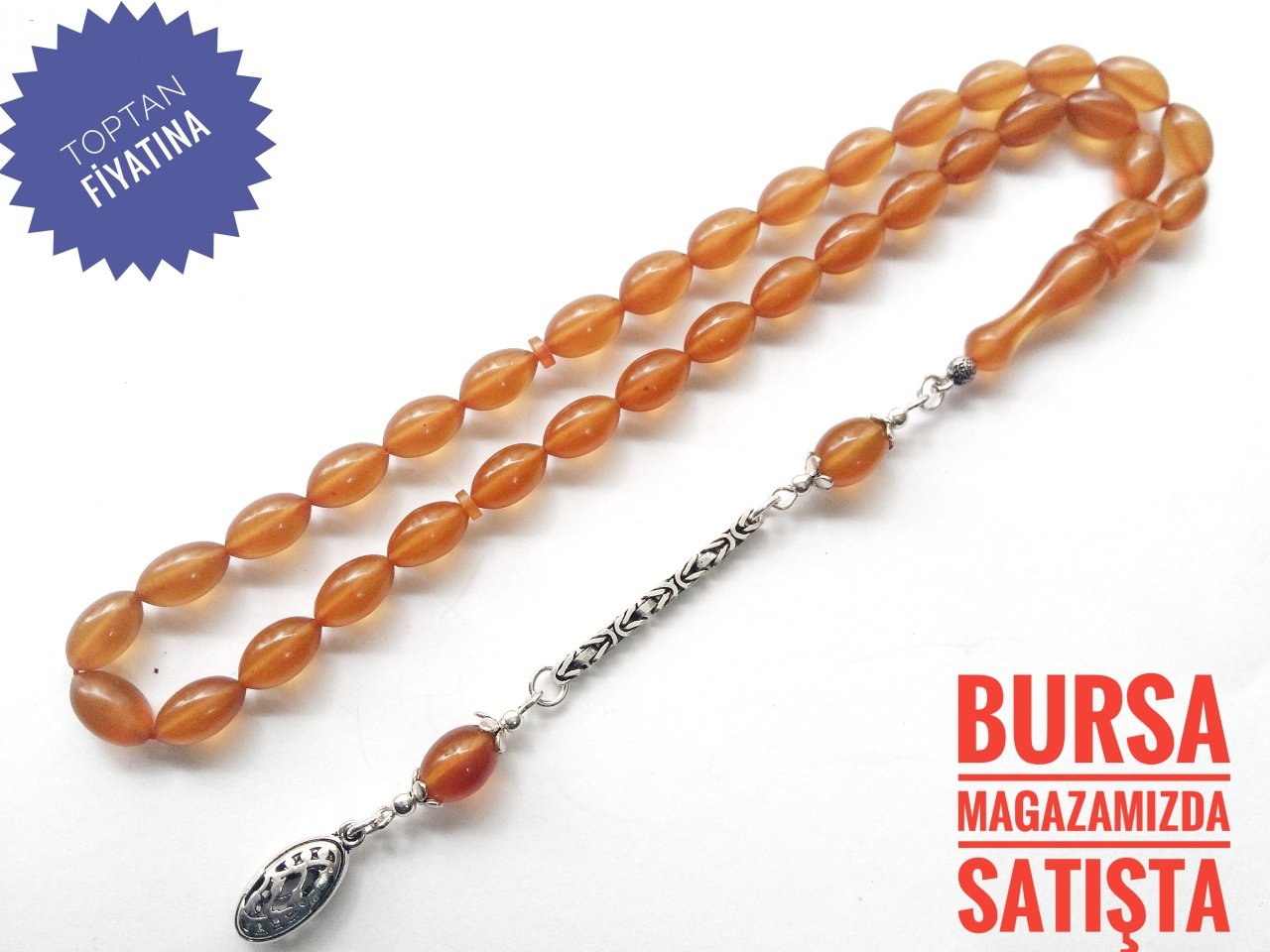 925 Ayar Gümüş Püsküllü Beyzi Kesim Sıkma Kehribar Tesbih