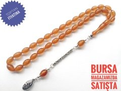 925 Ayar Gümüş Püsküllü Beyzi Kesim Sıkma Kehribar Tesbih