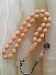 925 Ayar Gümüş Püsküllü Özel İşçilikli Atölye Yapımı Tombul Beyzi Kesim Hareli Sıkma Kehribar Tesbih