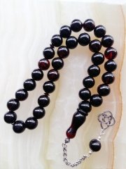 925 Ayar Gümüş Püsküllü Özel İşçilikli Atölye Yapımı Küre Kesim Hareli Sıkma Kehribar Tesbih