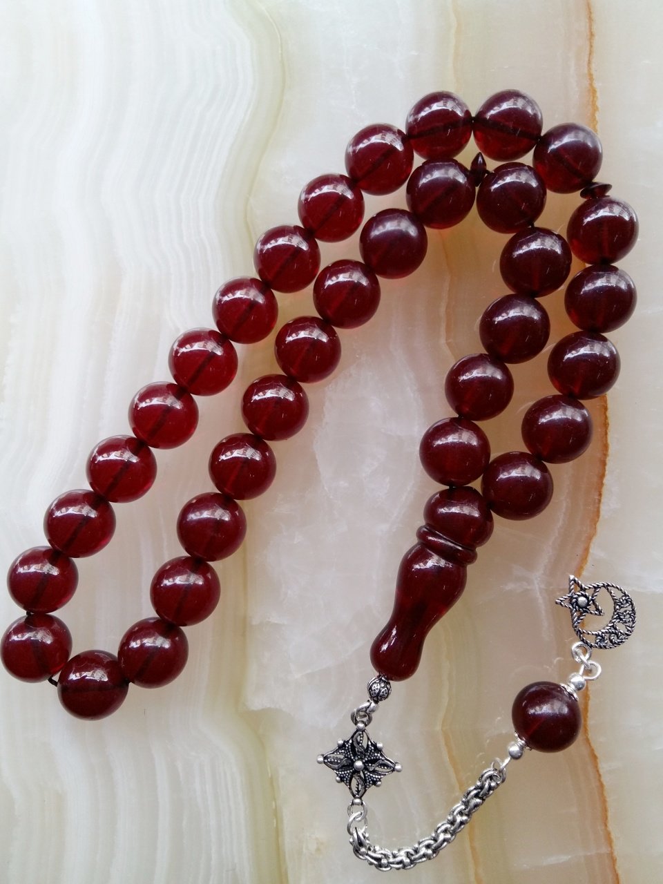 925 Ayar Gümüş Püsküllü Özel İşçilikli Atölye Yapımı Küre Kesim Ateş Kehribar Tesbih