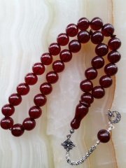 925 Ayar Gümüş Püsküllü Özel İşçilikli Atölye Yapımı Küre Kesim Ateş Kehribar Tesbih