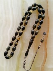 925 Ayar Gümüş Püsküllü Özel İşçilikli Atölye Yapımı Beyzi Kesim Hareli Sıkma Kehribar Tesbih