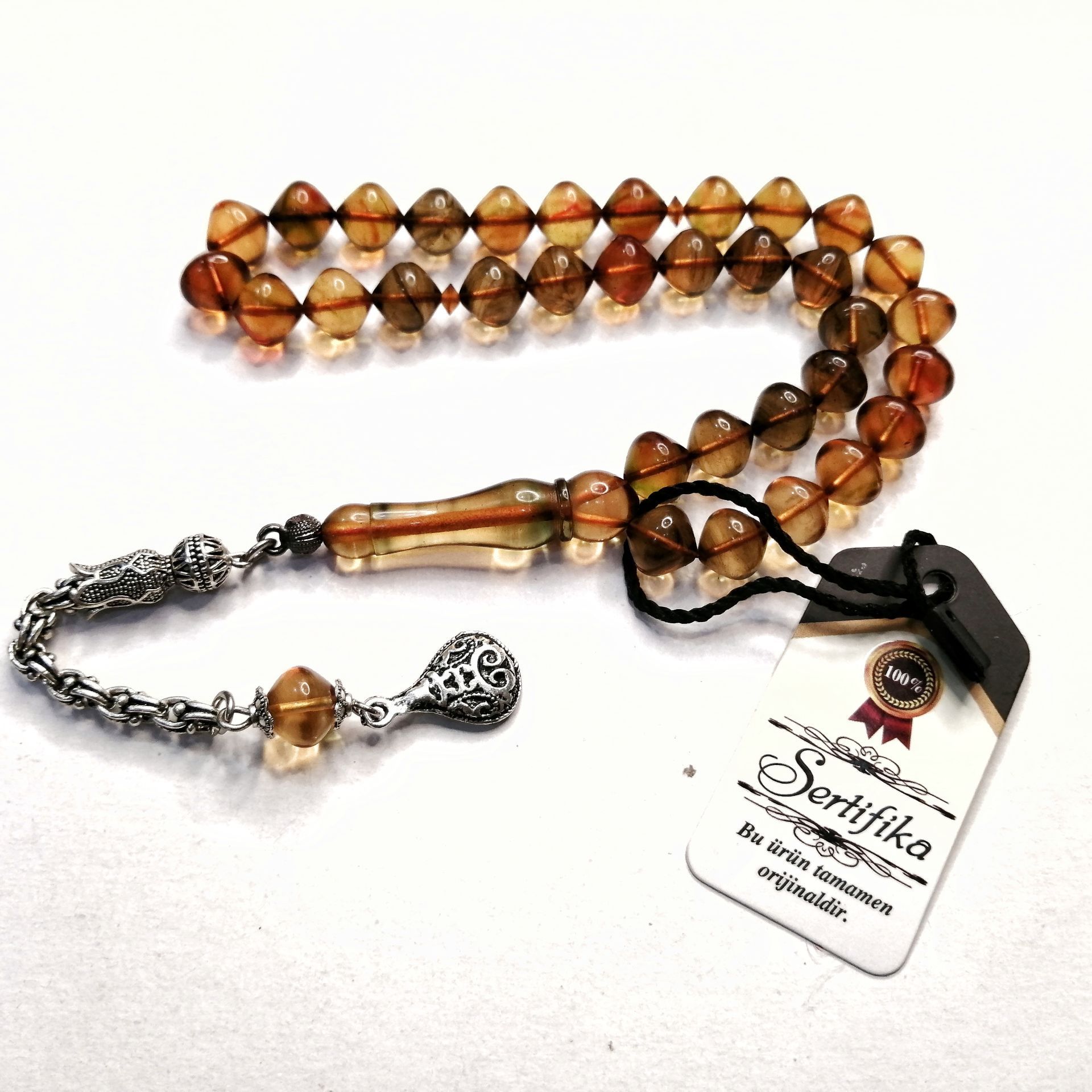 Gümüş Kaplama Alpaka Püsküllü İstanbul Kesim Sıkma Kehribar Tesbih